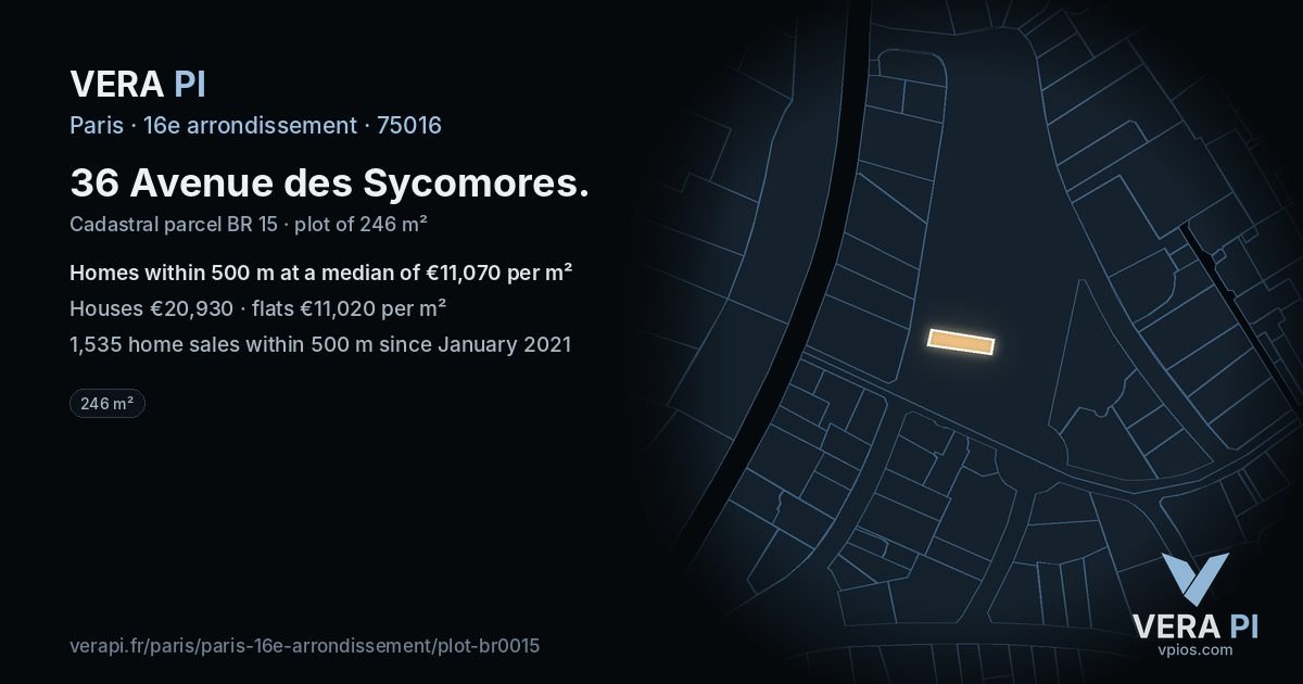36 Avenue des Sycomores, 16e arrondissement at night – the plot lit, the parcels around coloured by the prices near them
