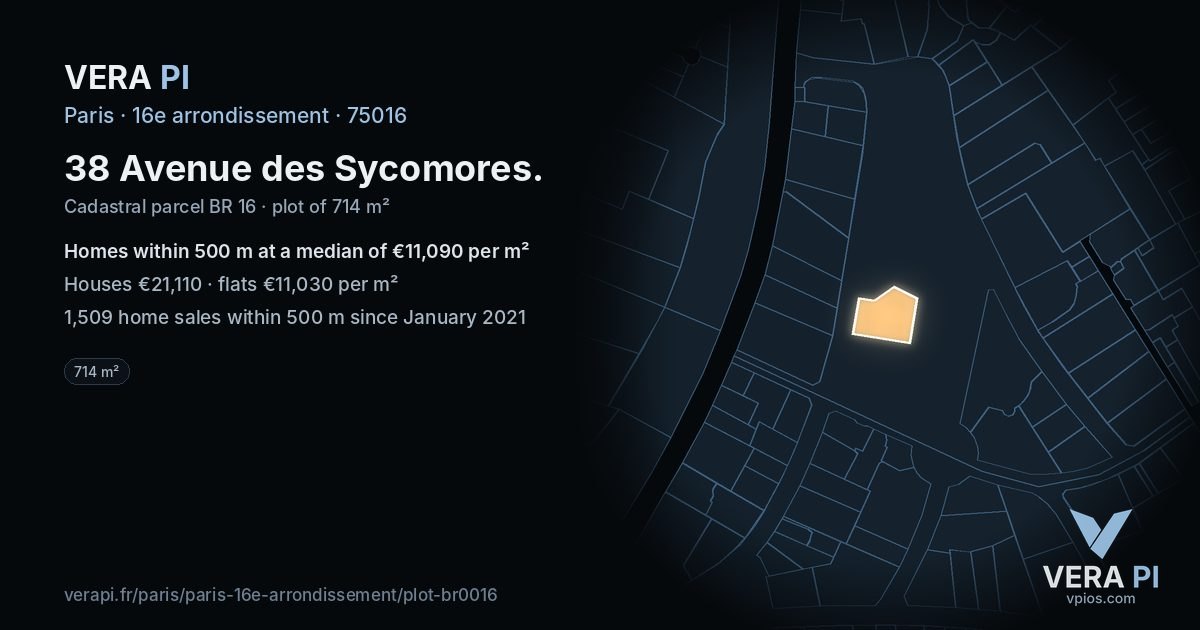 38 Avenue des Sycomores, 16e arrondissement at night – the plot lit, the parcels around coloured by the prices near them