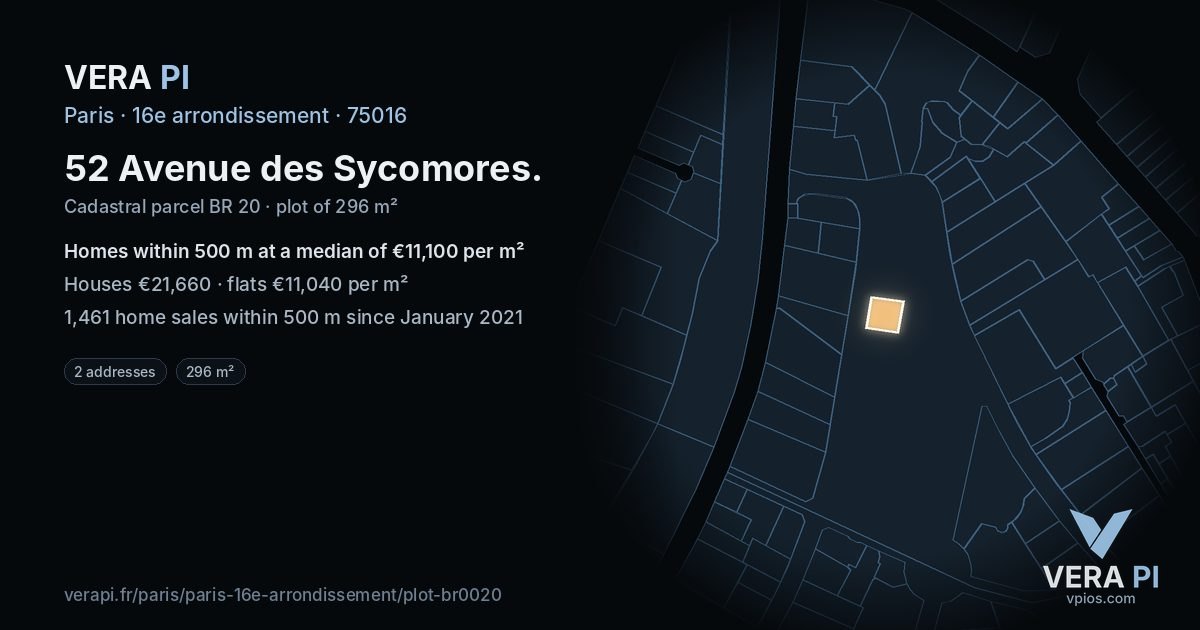 52 Avenue des Sycomores, 16e arrondissement at night – the plot lit, the parcels around coloured by the prices near them