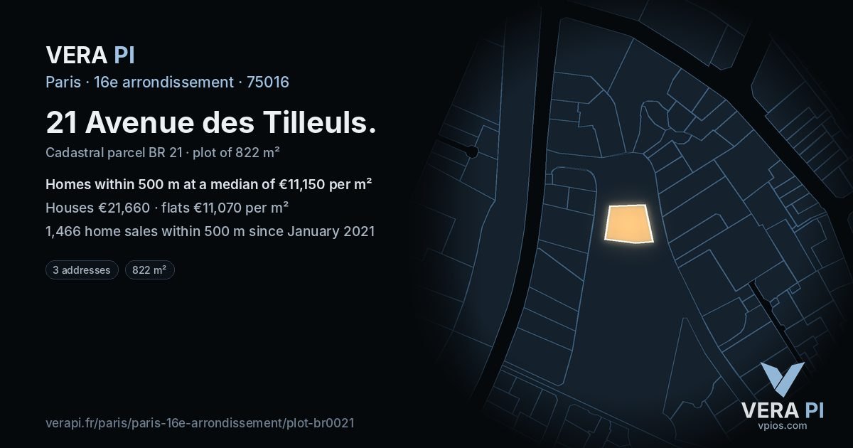 21 Avenue des Tilleuls, 16e arrondissement at night – the plot lit, the parcels around coloured by the prices near them