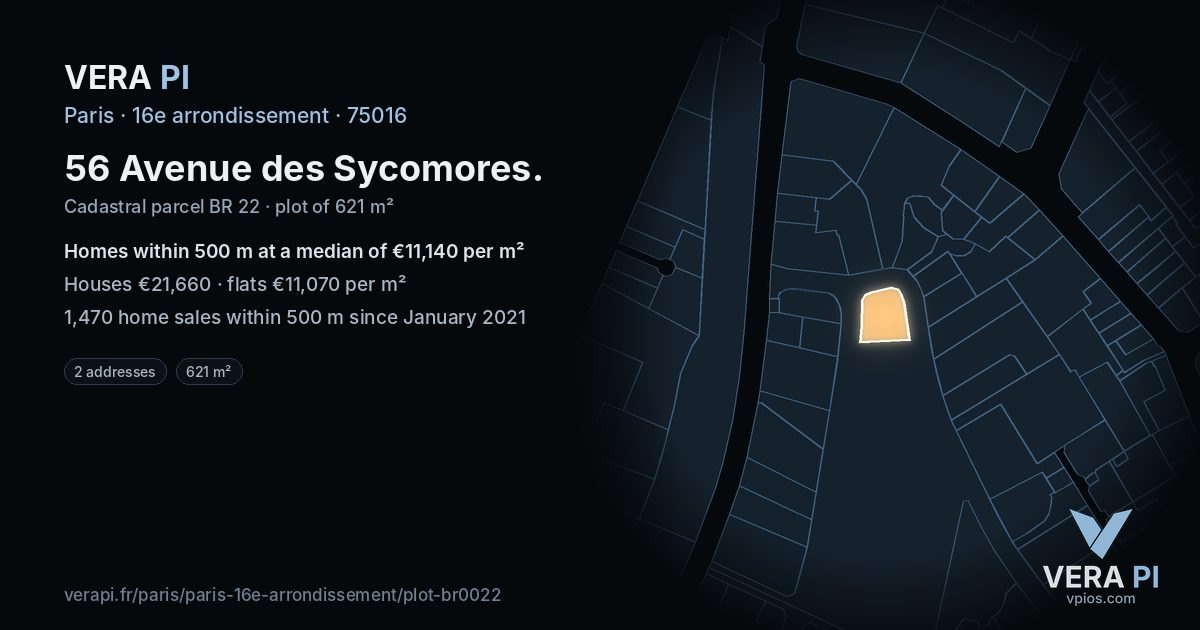 56 Avenue des Sycomores, 16e arrondissement at night – the plot lit, the parcels around coloured by the prices near them