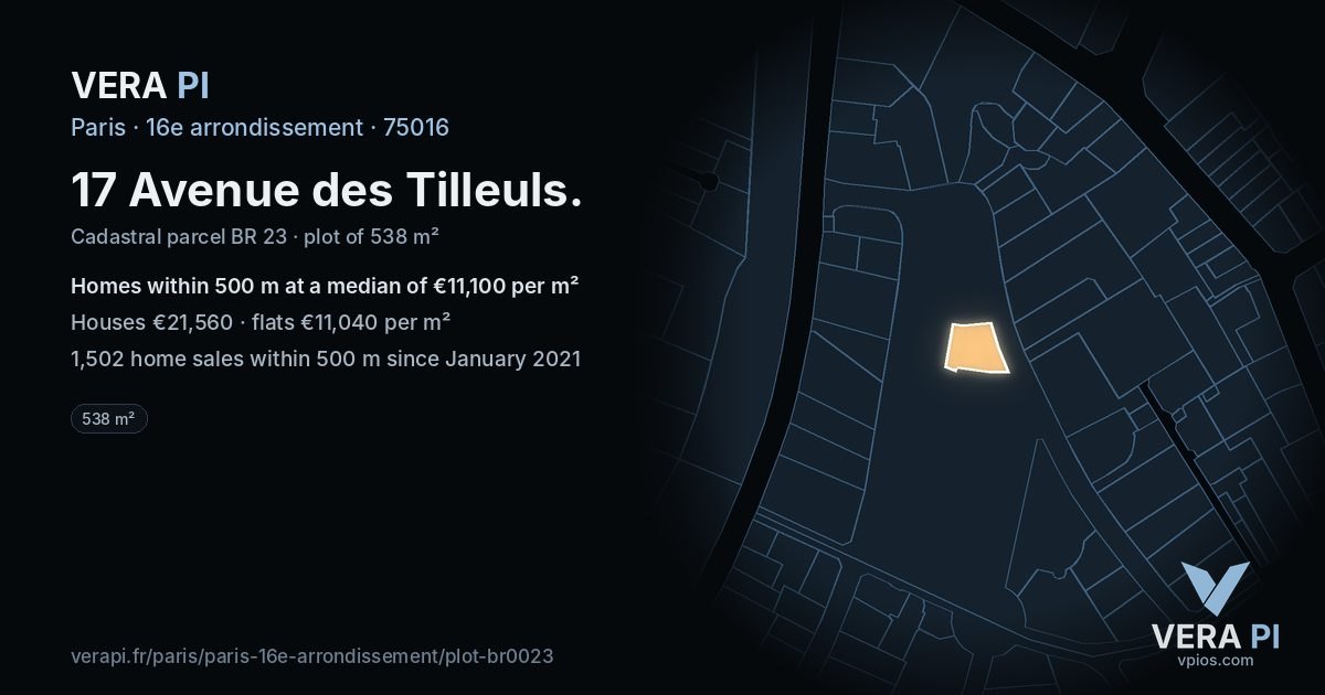 17 Avenue des Tilleuls, 16e arrondissement at night – the plot lit, the parcels around coloured by the prices near them