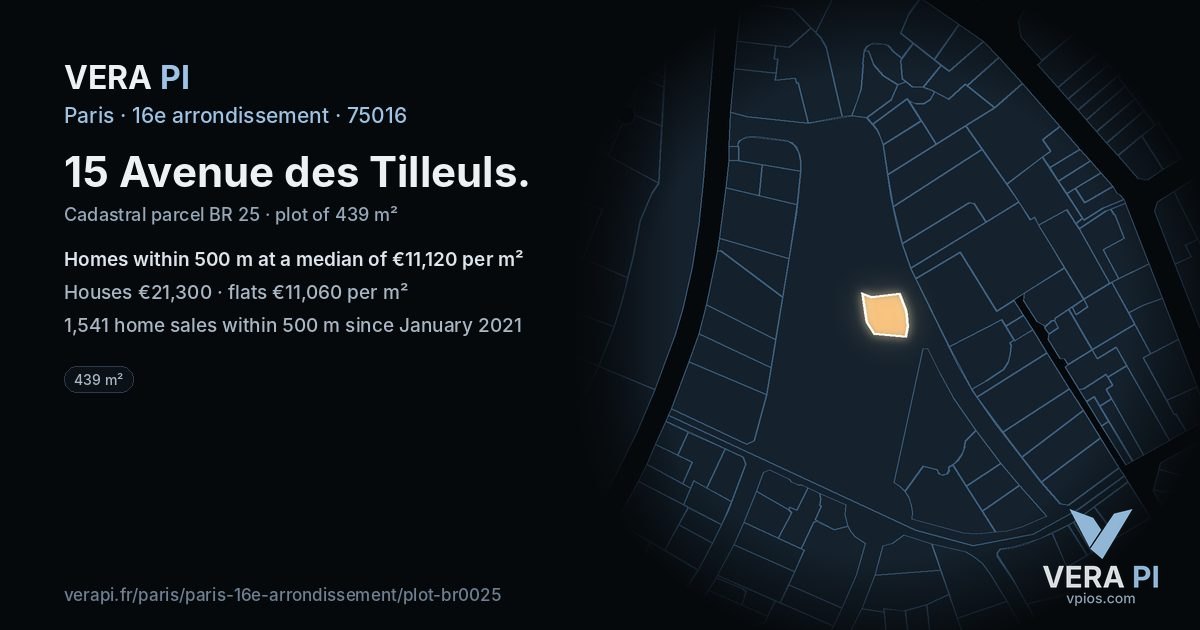 15 Avenue des Tilleuls, 16e arrondissement at night – the plot lit, the parcels around coloured by the prices near them