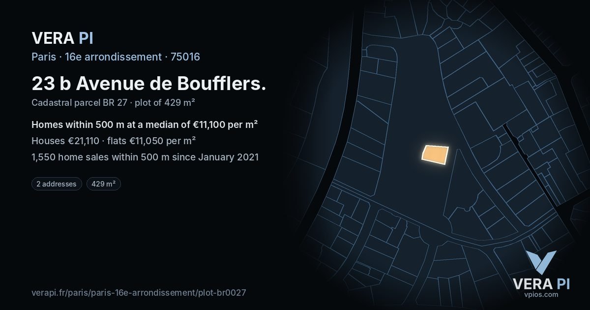 23 b Avenue de Boufflers, 16e arrondissement at night – the plot lit, the parcels around coloured by the prices near them