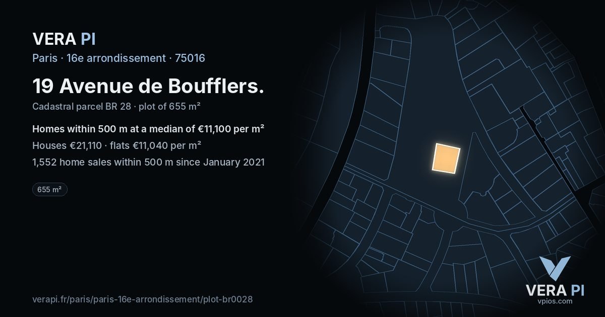 19 Avenue de Boufflers, 16e arrondissement at night – the plot lit, the parcels around coloured by the prices near them
