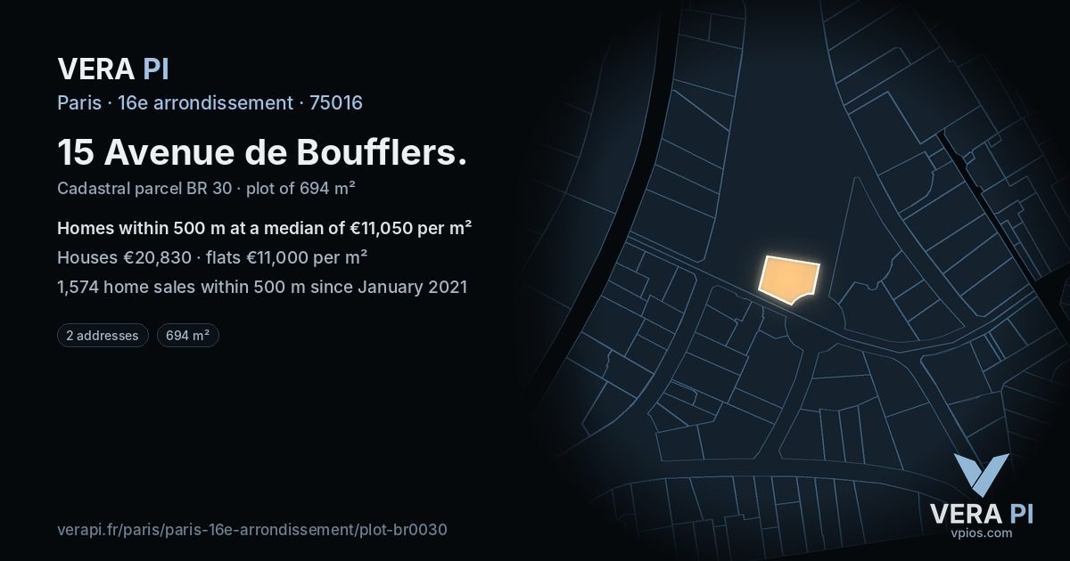 15 Avenue de Boufflers, 16e arrondissement at night – the plot lit, the parcels around coloured by the prices near them