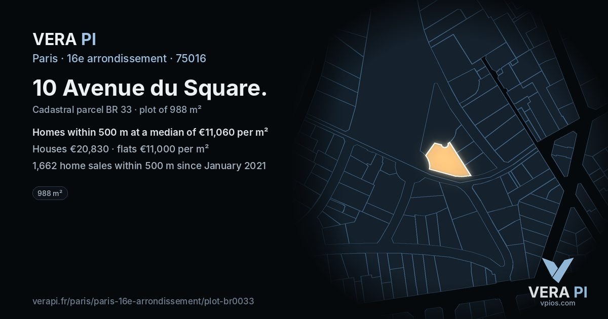 10 Avenue du Square, 16e arrondissement at night – the plot lit, the parcels around coloured by the prices near them