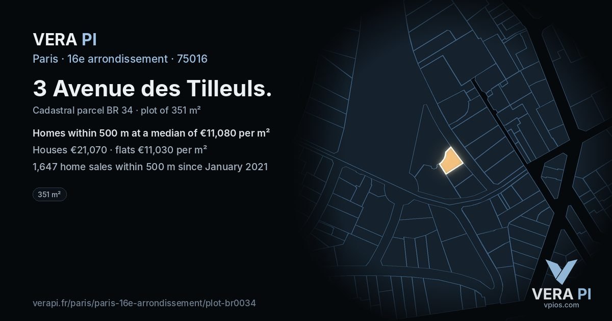 3 Avenue des Tilleuls, 16e arrondissement at night – the plot lit, the parcels around coloured by the prices near them