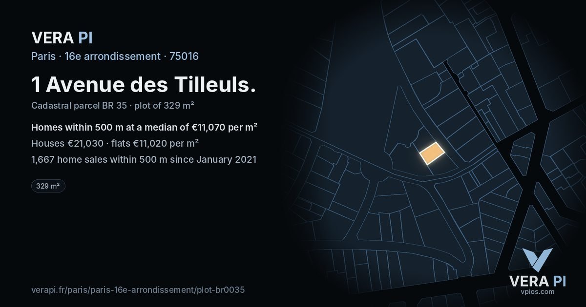 1 Avenue des Tilleuls, 16e arrondissement at night – the plot lit, the parcels around coloured by the prices near them