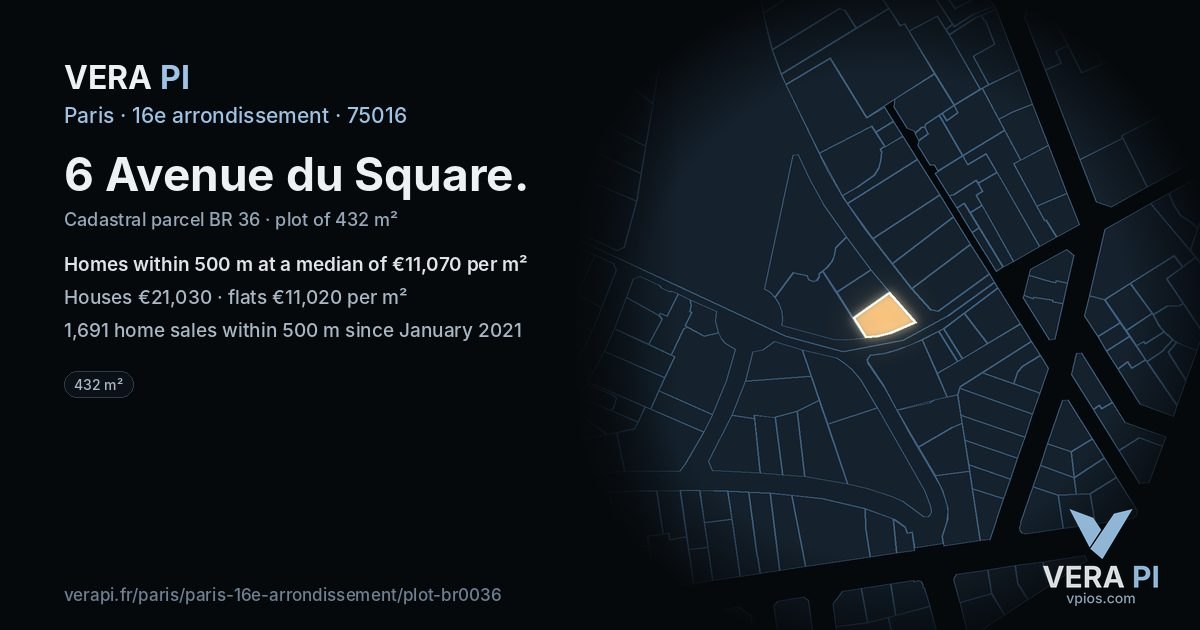 6 Avenue du Square, 16e arrondissement at night – the plot lit, the parcels around coloured by the prices near them
