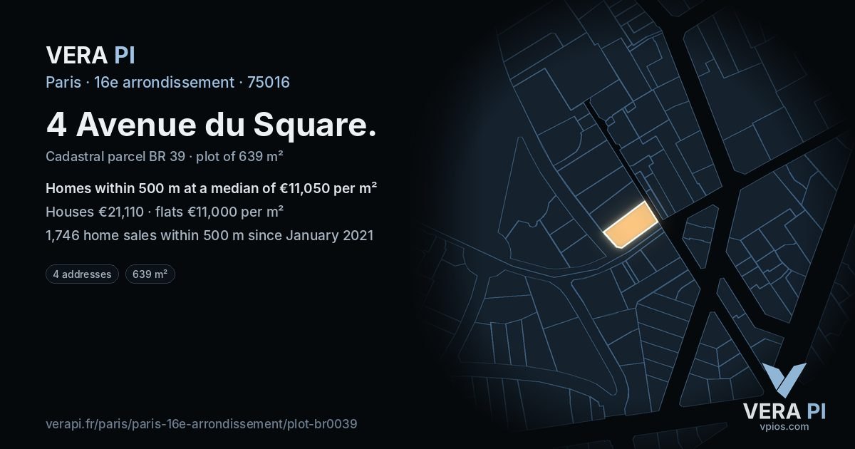 4 Avenue du Square, 16e arrondissement at night – the plot lit, the parcels around coloured by the prices near them