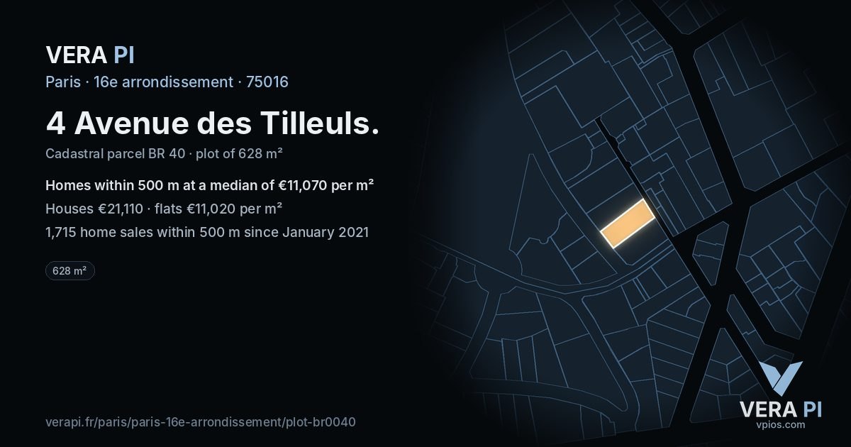 4 Avenue des Tilleuls, 16e arrondissement at night – the plot lit, the parcels around coloured by the prices near them