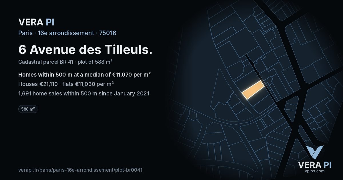 6 Avenue des Tilleuls, 16e arrondissement at night – the plot lit, the parcels around coloured by the prices near them