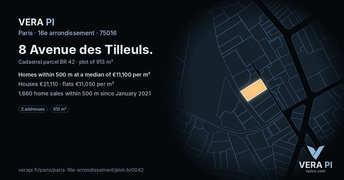 8 Avenue des Tilleuls, 16e arrondissement at night – the plot lit, the parcels around coloured by the prices near them