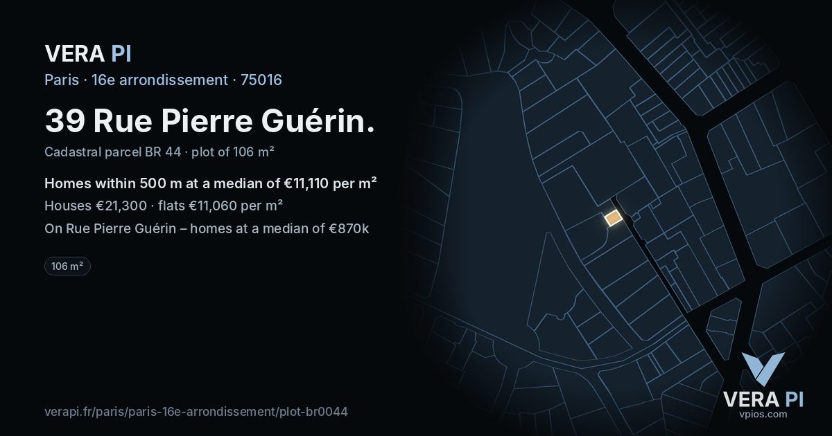 39 Rue Pierre Guérin, 16e arrondissement at night – the plot lit, the parcels around coloured by the prices near them