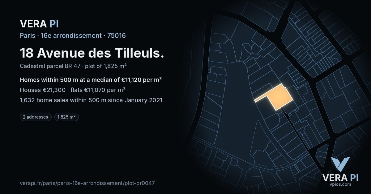 18 Avenue des Tilleuls, 16e arrondissement at night – the plot lit, the parcels around coloured by the prices near them