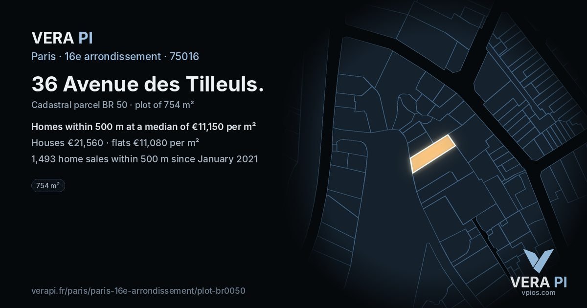 36 Avenue des Tilleuls, 16e arrondissement at night – the plot lit, the parcels around coloured by the prices near them