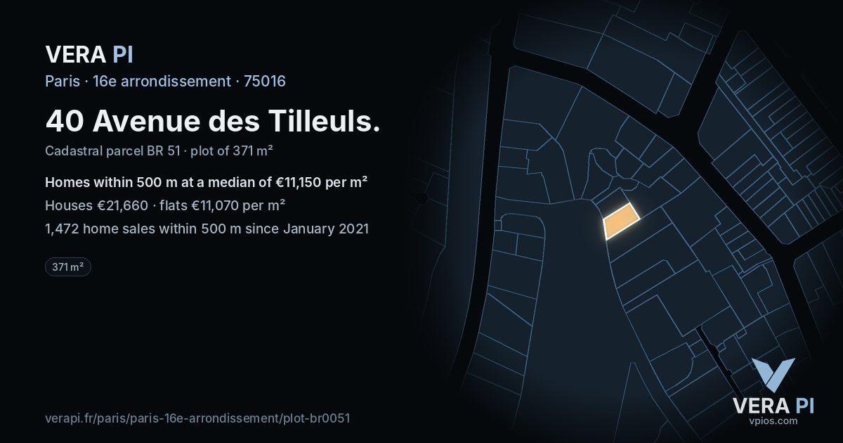40 Avenue des Tilleuls, 16e arrondissement at night – the plot lit, the parcels around coloured by the prices near them