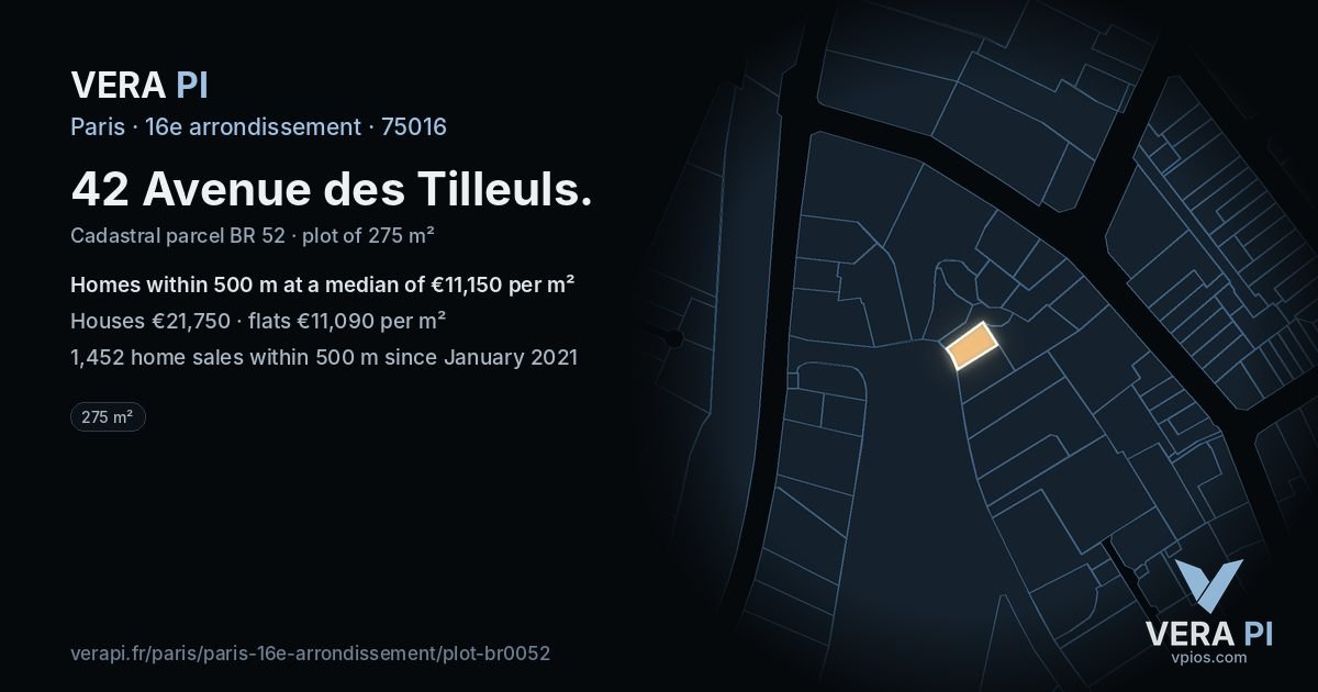 42 Avenue des Tilleuls, 16e arrondissement at night – the plot lit, the parcels around coloured by the prices near them