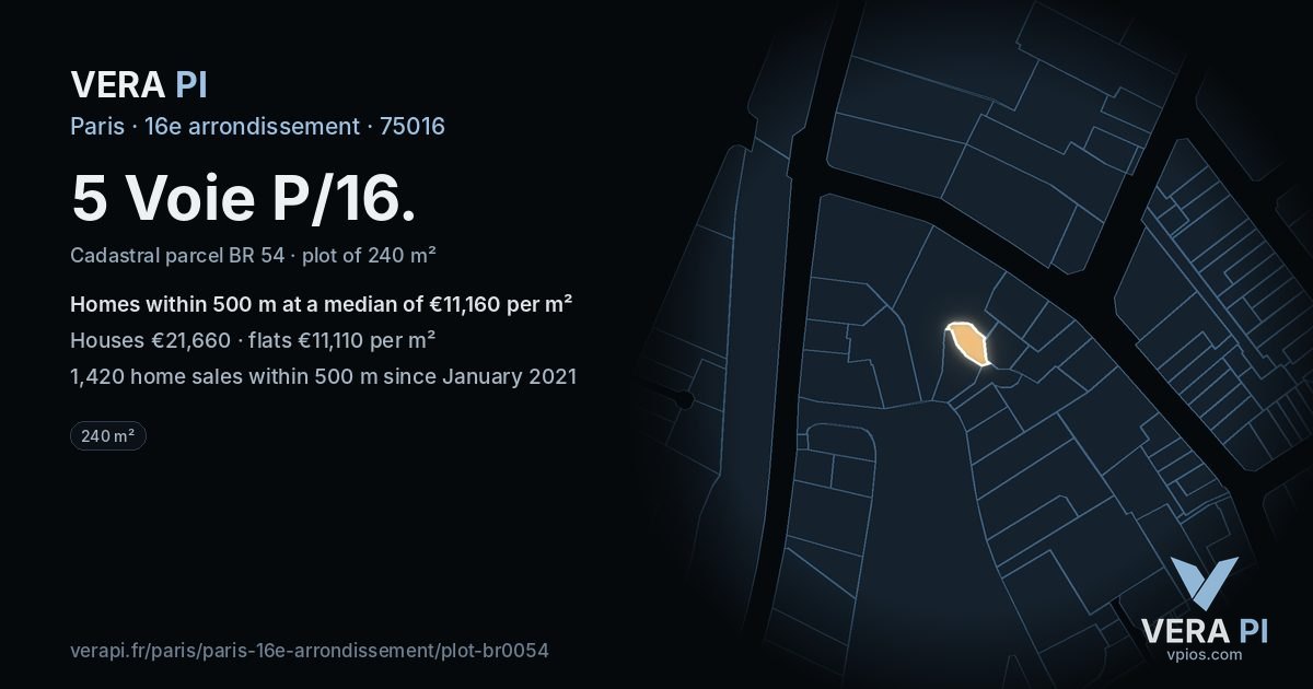 5 Voie P/16, 16e arrondissement at night – the plot lit, the parcels around coloured by the prices near them