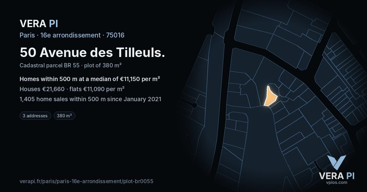 50 Avenue des Tilleuls, 16e arrondissement at night – the plot lit, the parcels around coloured by the prices near them