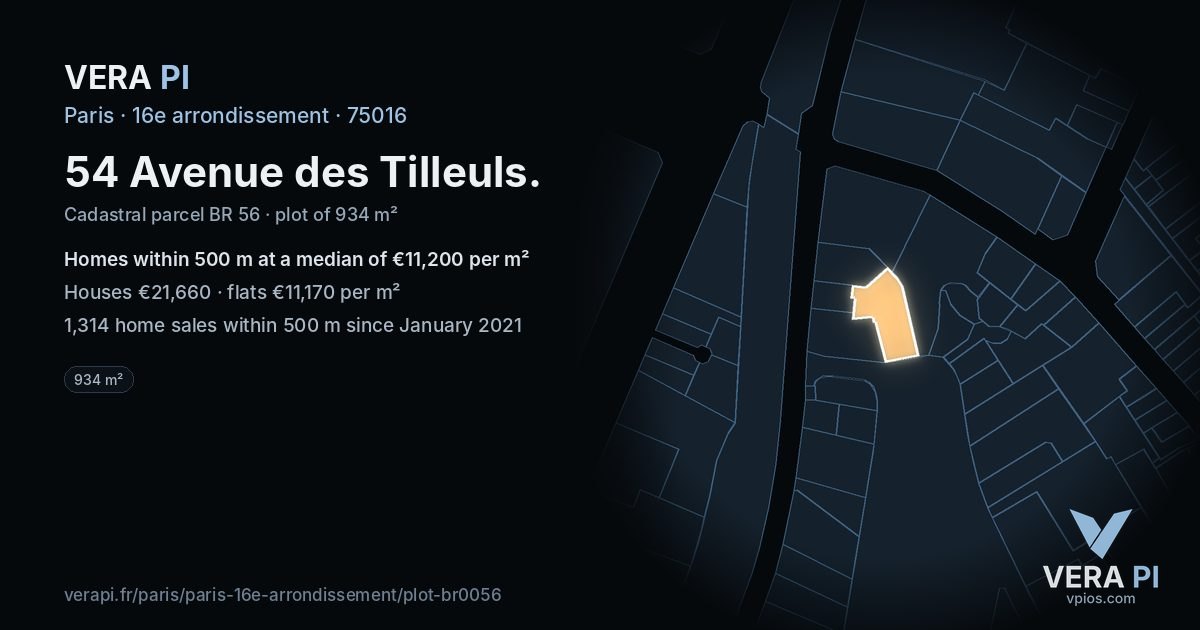 54 Avenue des Tilleuls, 16e arrondissement at night – the plot lit, the parcels around coloured by the prices near them