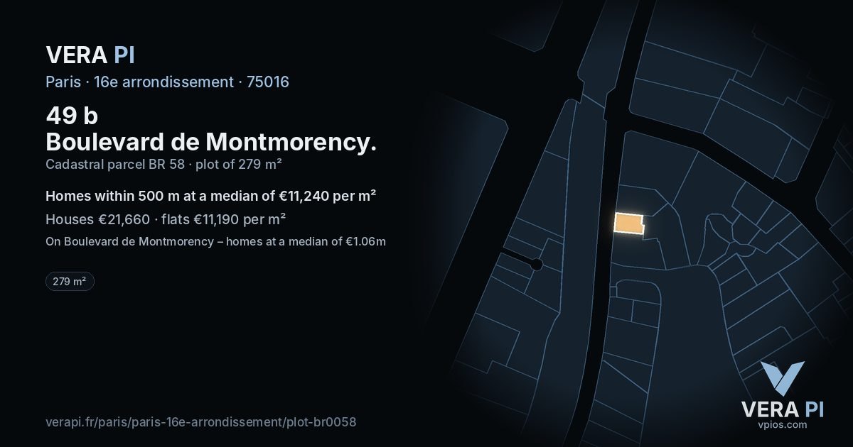 49 b Boulevard de Montmorency, 16e arrondissement at night – the plot lit, the parcels around coloured by the prices near them