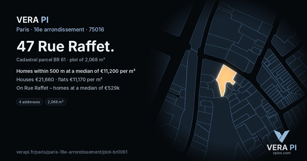 47 Rue Raffet, 16e arrondissement at night – the plot lit, the parcels around coloured by the prices near them