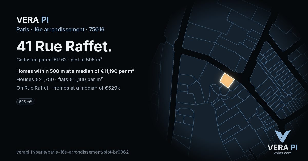 41 Rue Raffet, 16e arrondissement at night – the plot lit, the parcels around coloured by the prices near them
