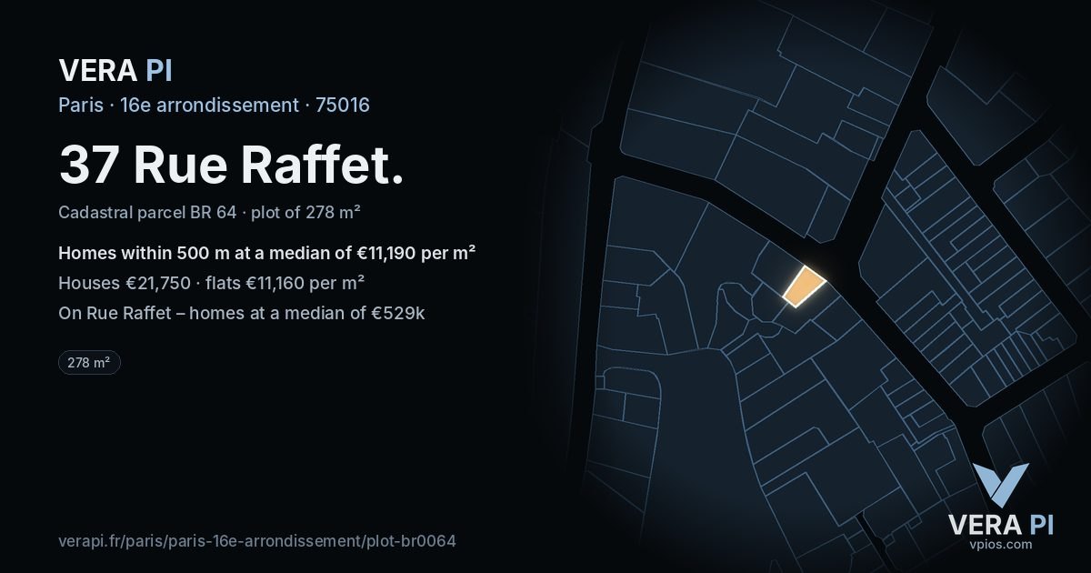 37 Rue Raffet, 16e arrondissement at night – the plot lit, the parcels around coloured by the prices near them
