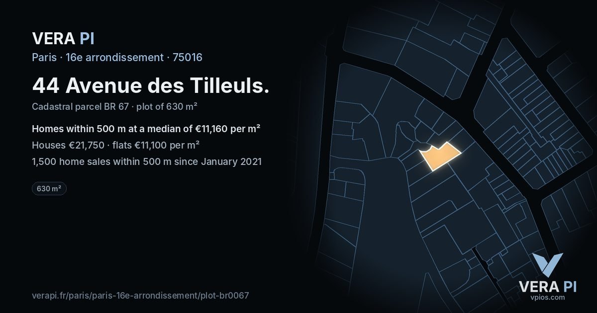 44 Avenue des Tilleuls, 16e arrondissement at night – the plot lit, the parcels around coloured by the prices near them