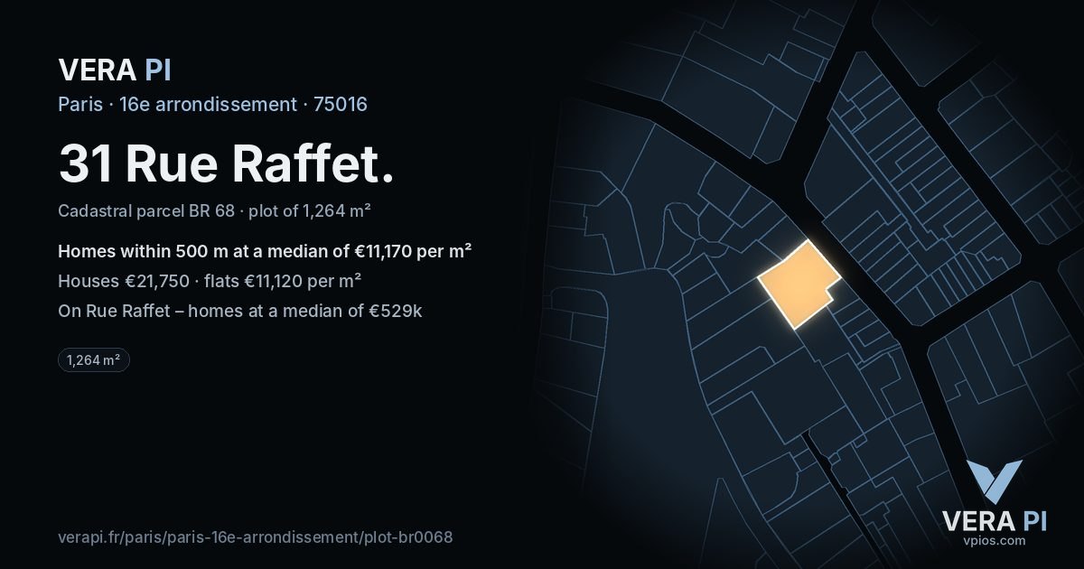 31 Rue Raffet, 16e arrondissement at night – the plot lit, the parcels around coloured by the prices near them