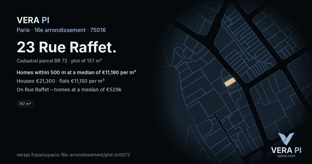 23 Rue Raffet, 16e arrondissement at night – the plot lit, the parcels around coloured by the prices near them