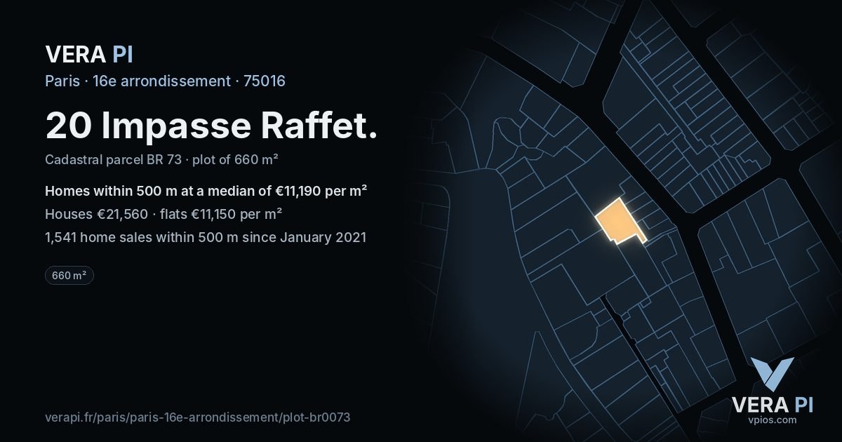20 Impasse Raffet, 16e arrondissement at night – the plot lit, the parcels around coloured by the prices near them