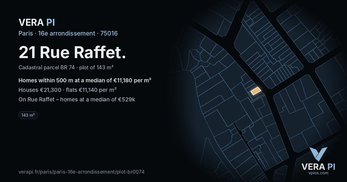 21 Rue Raffet, 16e arrondissement at night – the plot lit, the parcels around coloured by the prices near them