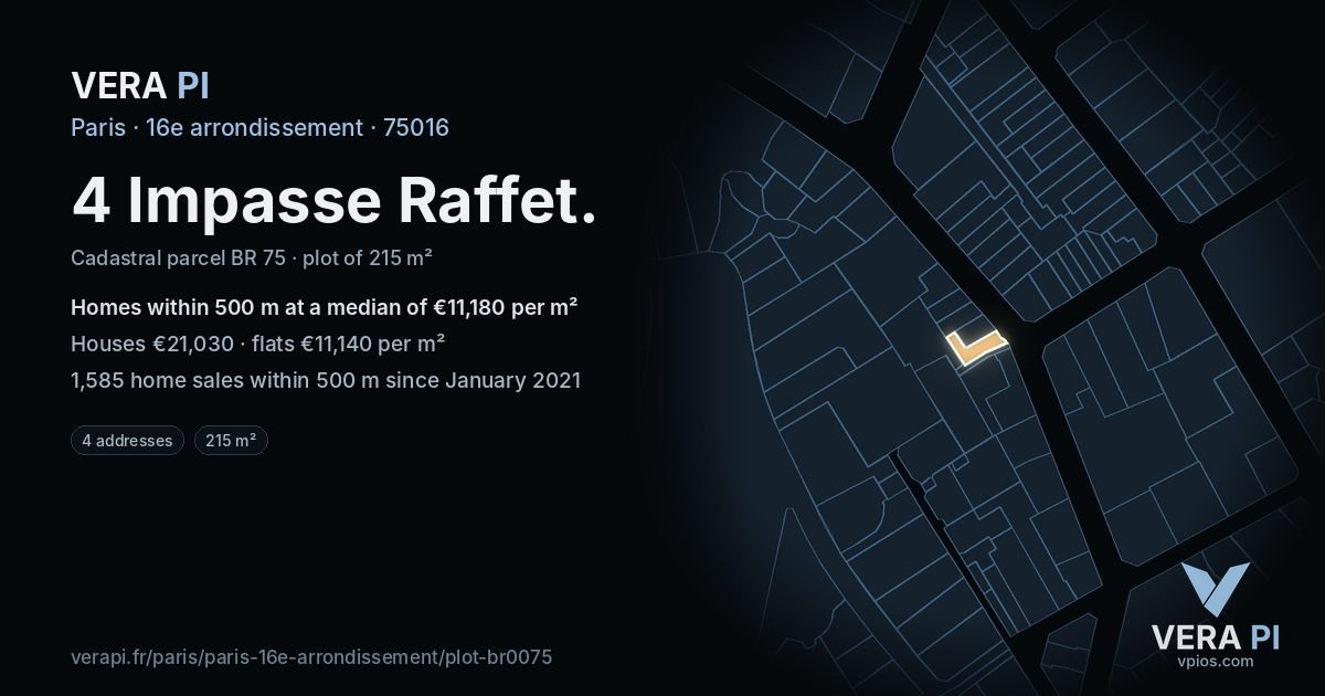4 Impasse Raffet, 16e arrondissement at night – the plot lit, the parcels around coloured by the prices near them
