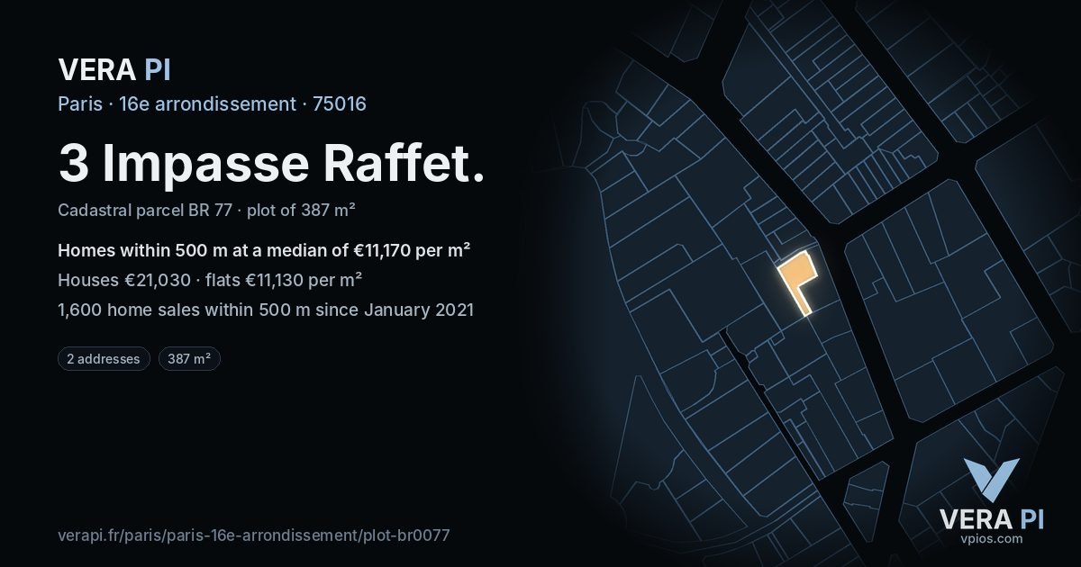 3 Impasse Raffet, 16e arrondissement at night – the plot lit, the parcels around coloured by the prices near them