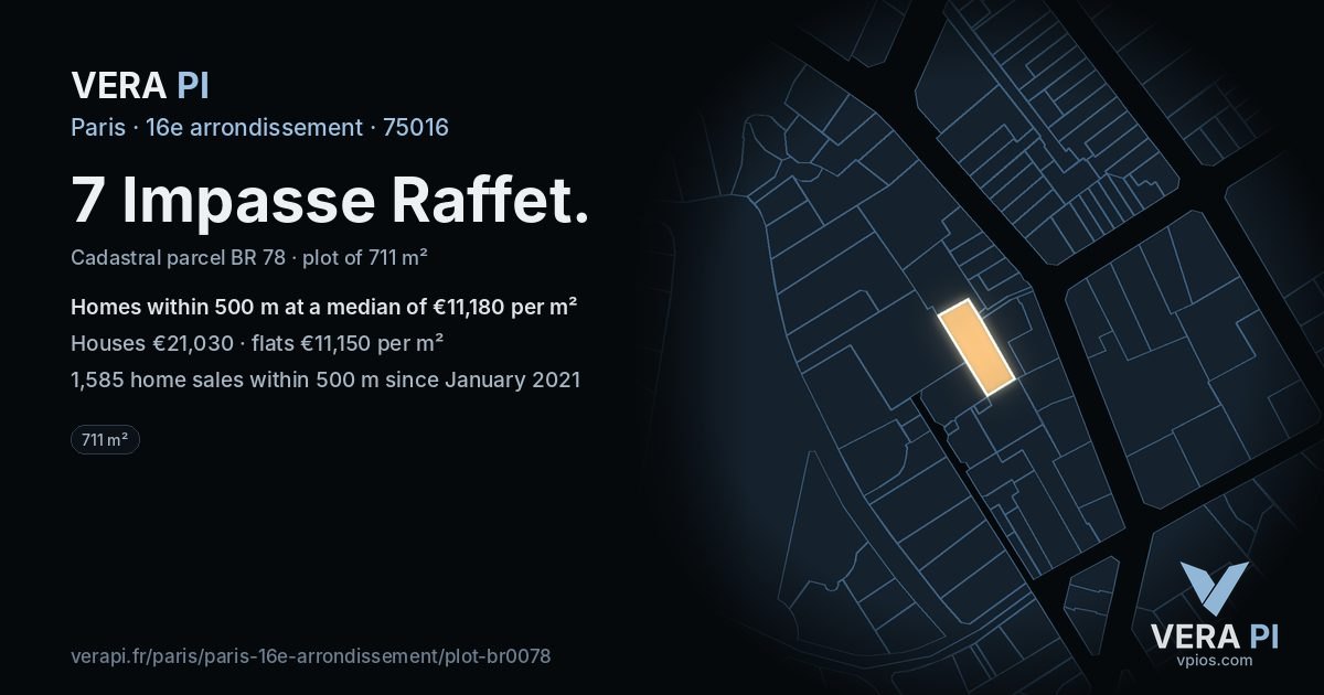 7 Impasse Raffet, 16e arrondissement at night – the plot lit, the parcels around coloured by the prices near them