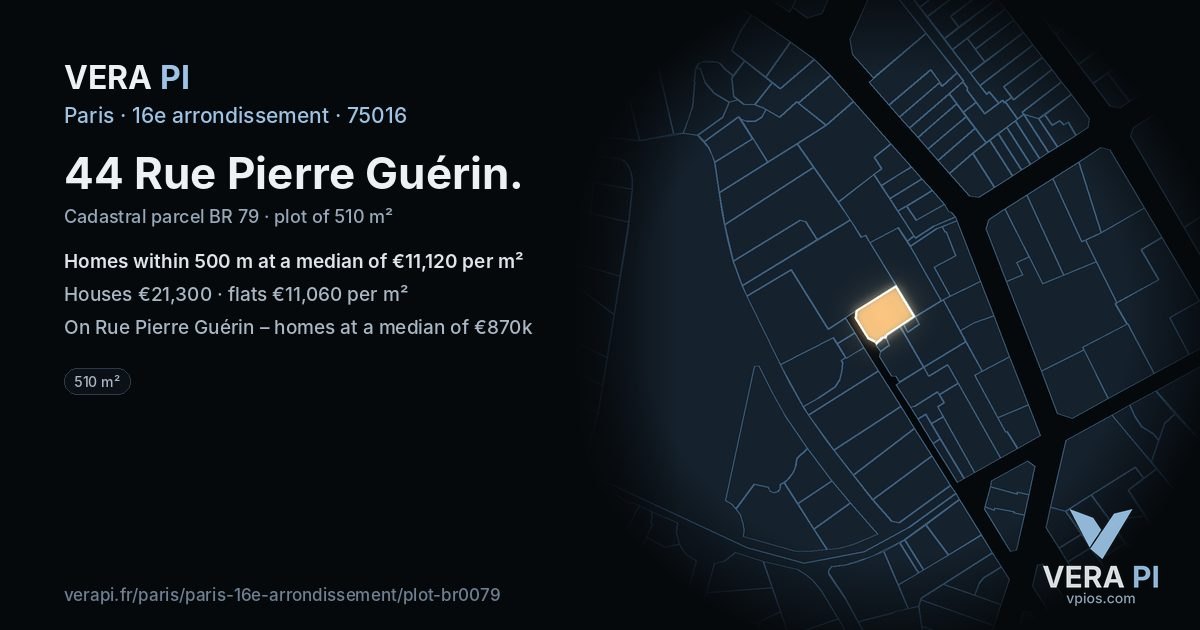 44 Rue Pierre Guérin, 16e arrondissement at night – the plot lit, the parcels around coloured by the prices near them