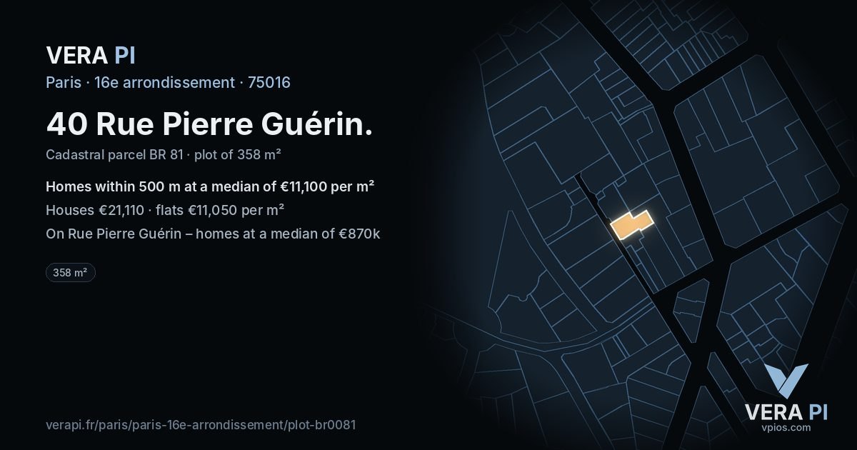 40 Rue Pierre Guérin, 16e arrondissement at night – the plot lit, the parcels around coloured by the prices near them