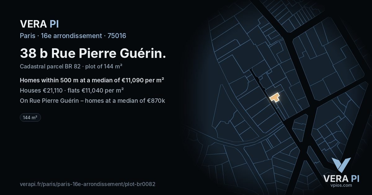 38 b Rue Pierre Guérin, 16e arrondissement at night – the plot lit, the parcels around coloured by the prices near them