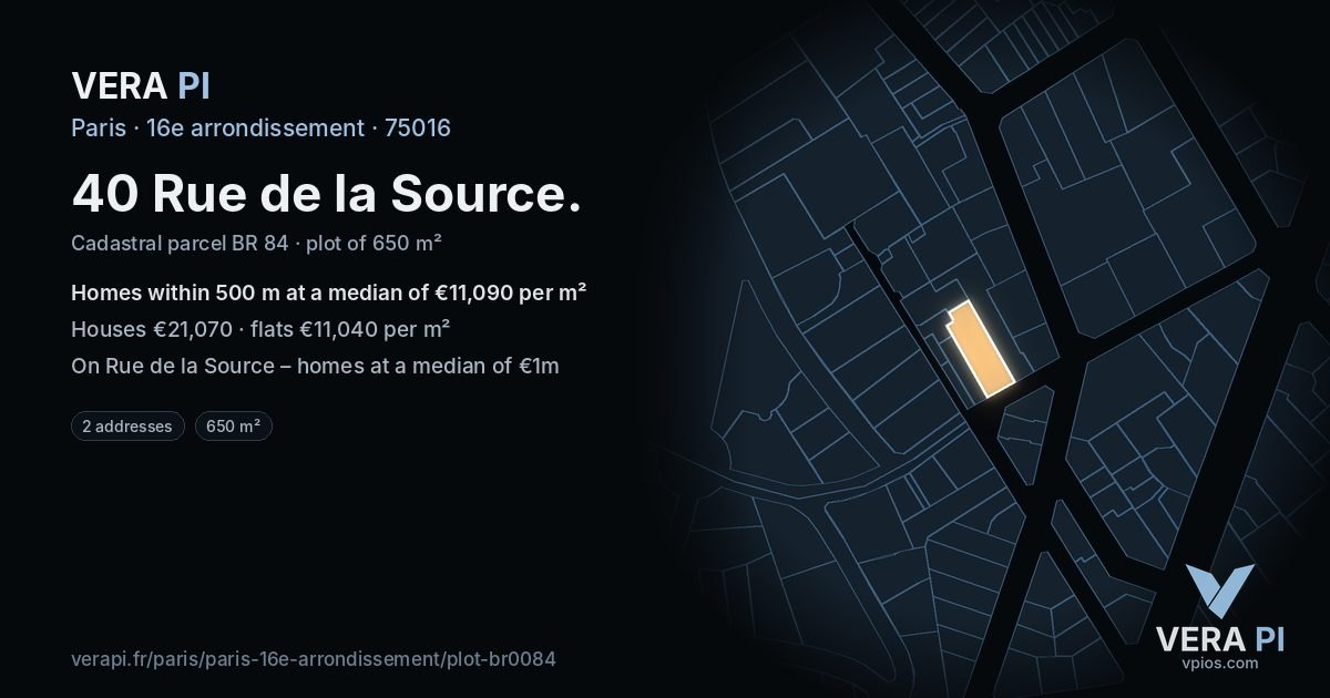 40 Rue de la Source, 16e arrondissement at night – the plot lit, the parcels around coloured by the prices near them
