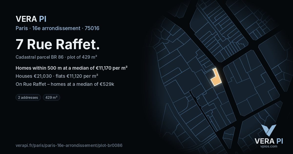 7 Rue Raffet, 16e arrondissement at night – the plot lit, the parcels around coloured by the prices near them
