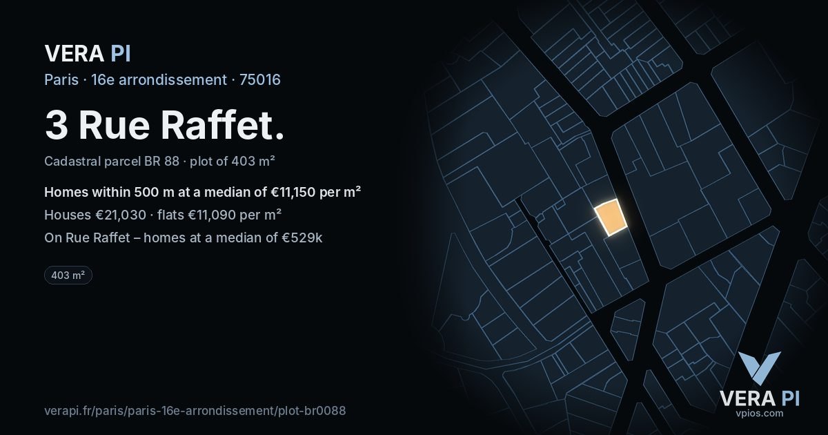 3 Rue Raffet, 16e arrondissement at night – the plot lit, the parcels around coloured by the prices near them
