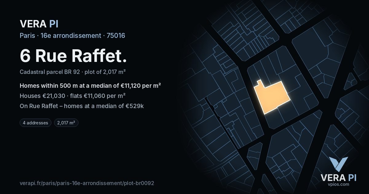6 Rue Raffet, 16e arrondissement at night – the plot lit, the parcels around coloured by the prices near them