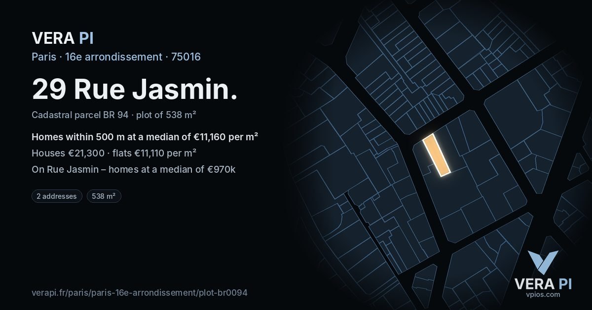 29 Rue Jasmin, 16e arrondissement at night – the plot lit, the parcels around coloured by the prices near them