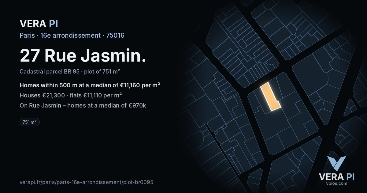 27 Rue Jasmin, 16e arrondissement at night – the plot lit, the parcels around coloured by the prices near them