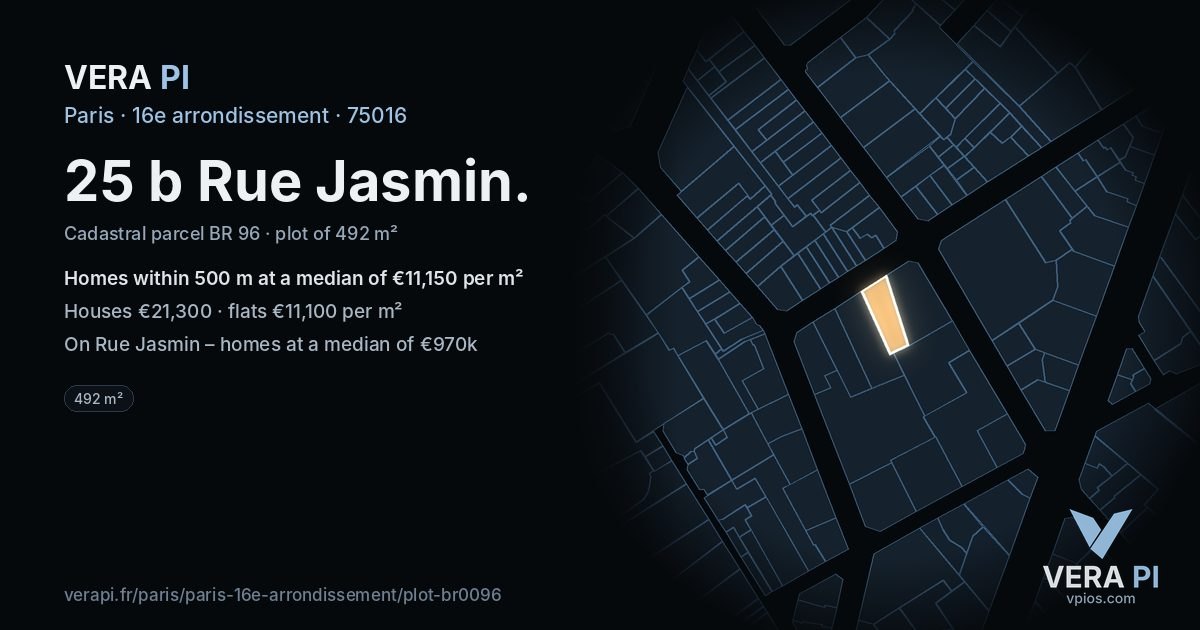 25 b Rue Jasmin, 16e arrondissement at night – the plot lit, the parcels around coloured by the prices near them