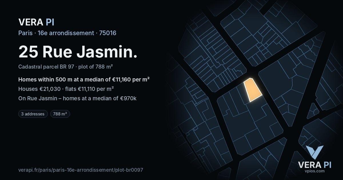 25 Rue Jasmin, 16e arrondissement at night – the plot lit, the parcels around coloured by the prices near them