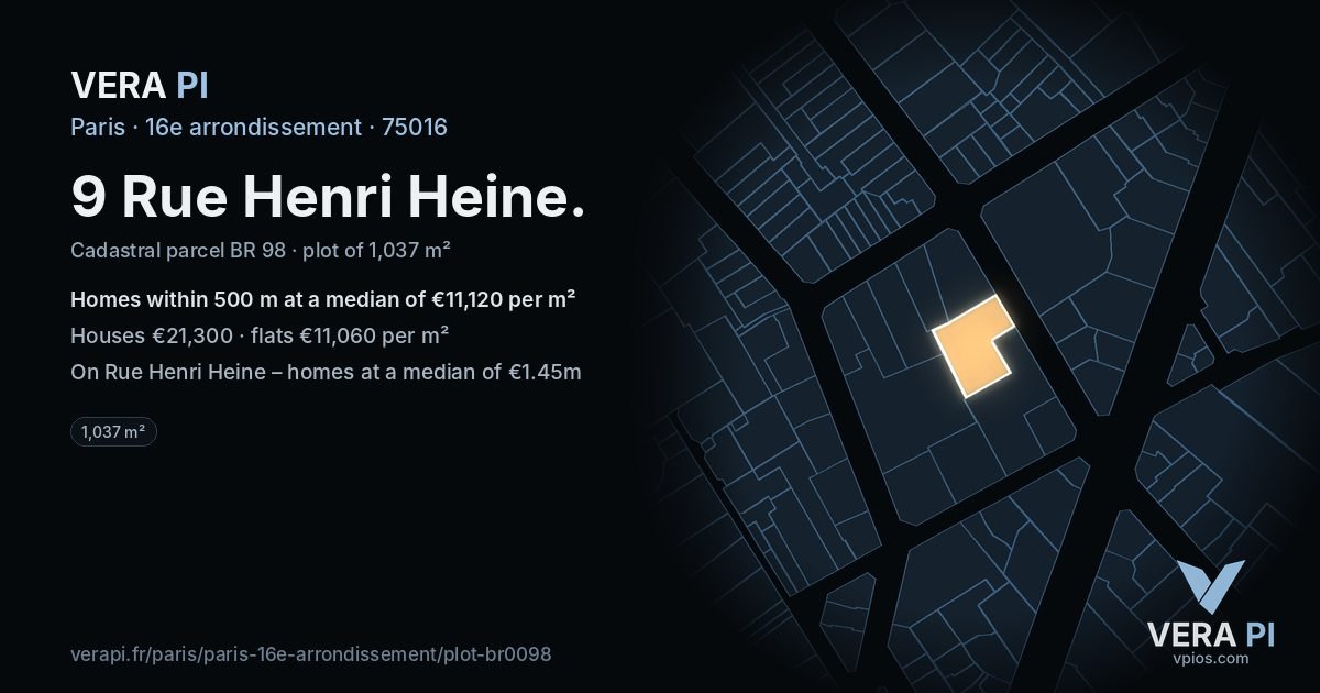9 Rue Henri Heine, 16e arrondissement at night – the plot lit, the parcels around coloured by the prices near them